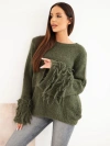 Women's sweater with fringes on the sleeves and a round neckline khaki