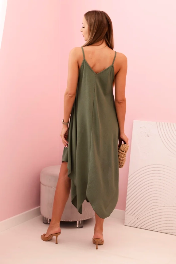 Women's dress with straps flared with an asymmetrical hem khaki