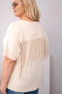 Women's cotton plus-size blouse with V-neck and fringes on the back beige