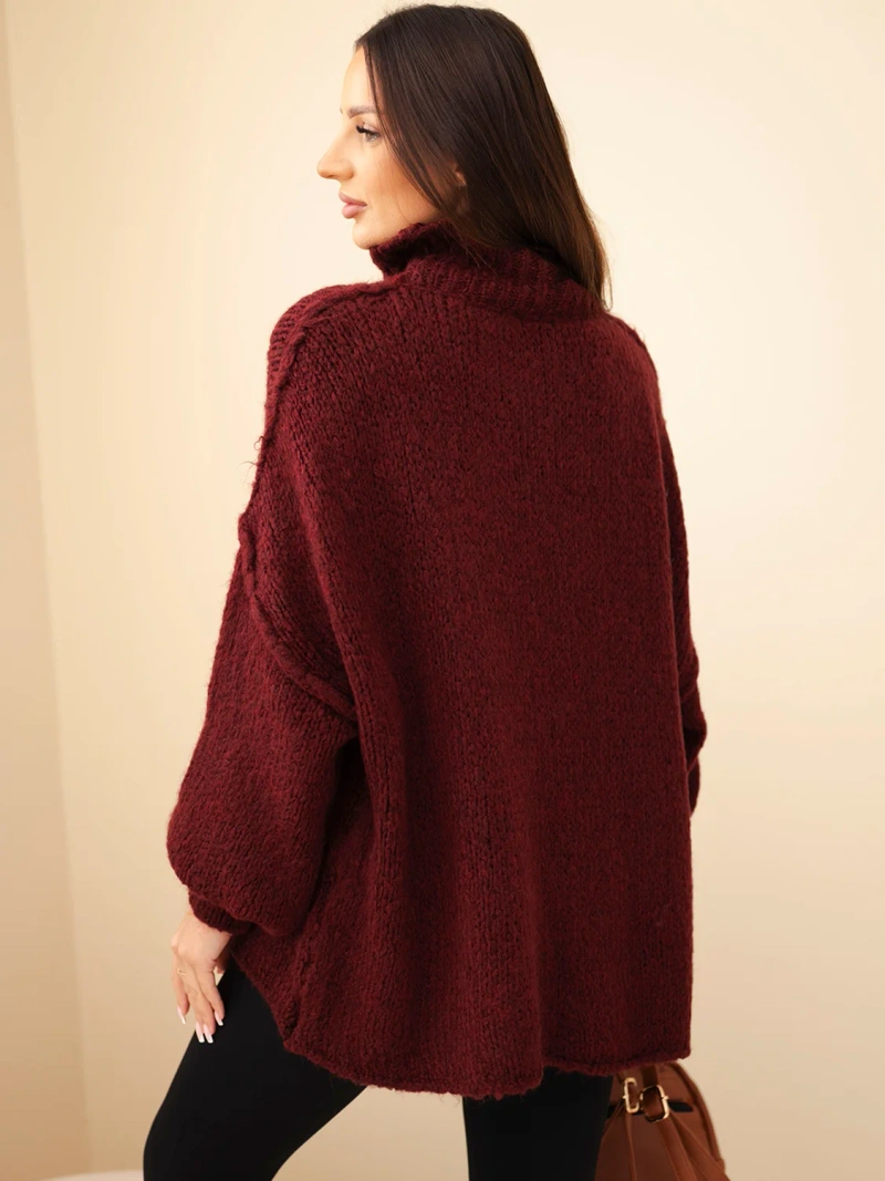 Sweter damski oversize z dodatkiem wełny z golfem i szerokimi rękawami bordowy