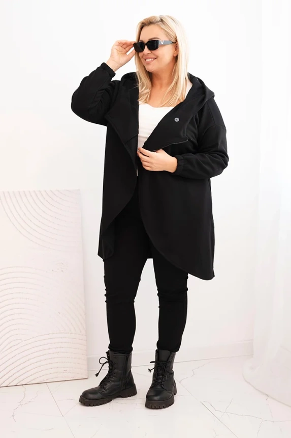 Dámská mikina Plus Size zateplená s kapucí a asymetrickým zipem černá