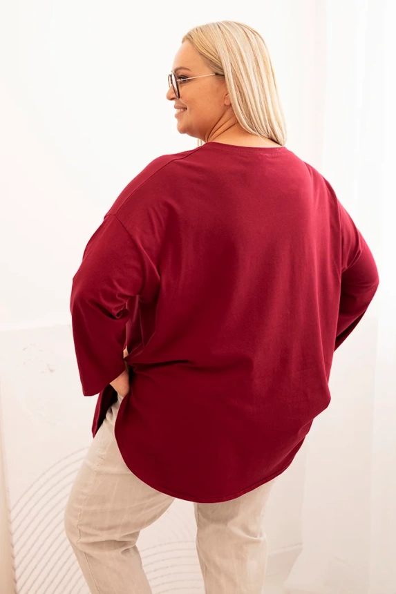 Dámska blúzka Plus Size s bavlnou, s vreckom a s vyhrnutým rukávom bordová