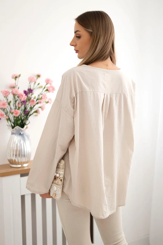 Hemdbluse mit gesticktem Muster beige