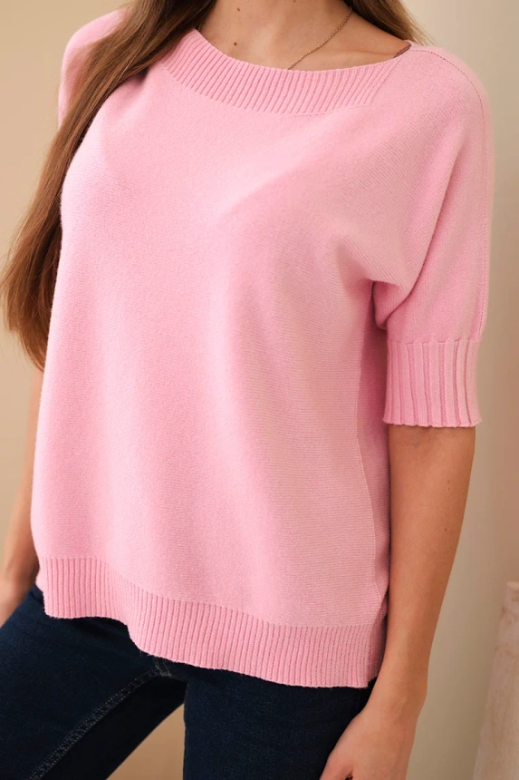 Sweter damski z wiskozy z krótkim rękawem cukierkowy róż