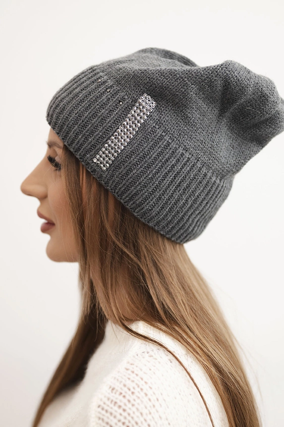 Women's winter wool hat with rhinestones K453 graphite