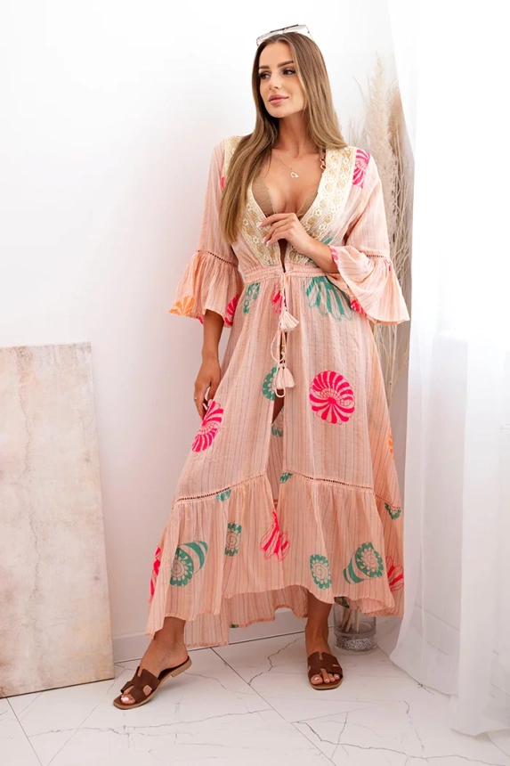 Women's boho cape with embroidery apricot