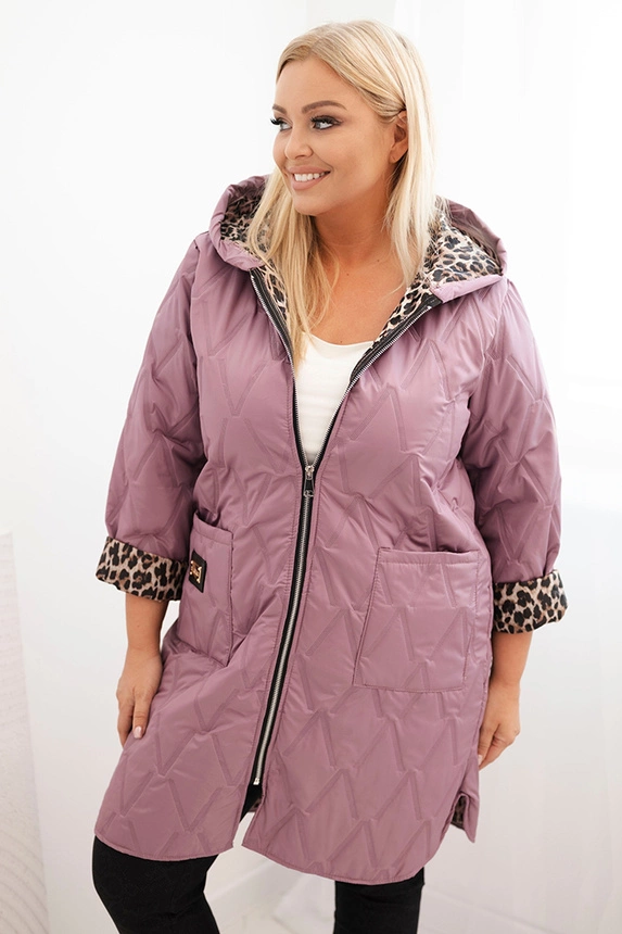 Plus Size women's quilted jacket with leopard lining and hood dark pink