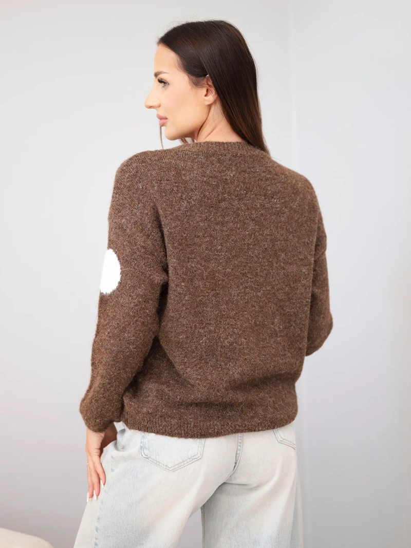 Sweter damski w kolorowe grochy z okrągłym dekoltem brązowy