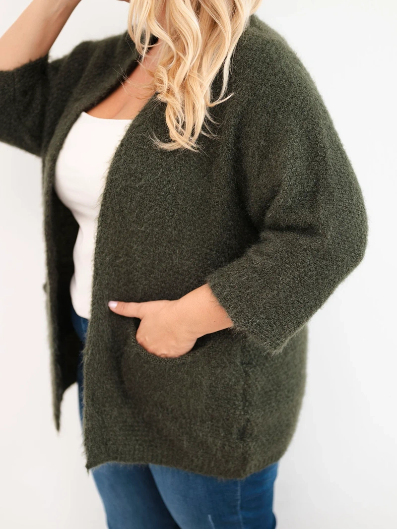 Dameninis megztinis Plus Size su kišenėmis be užsegimo khaki