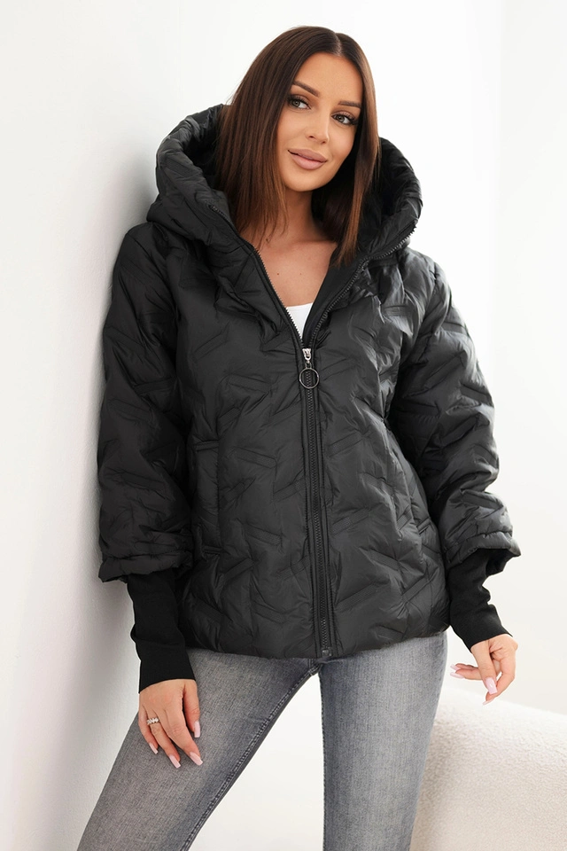 Women's quilted jacket with hood and pockets black