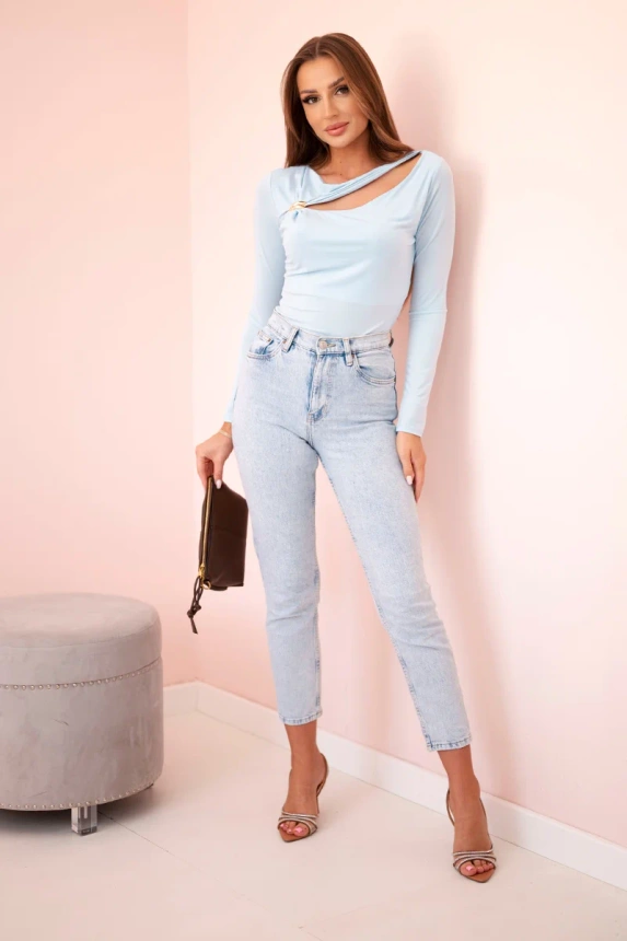 Women's bodysuit blouse with ruffles and decorative buckle blue