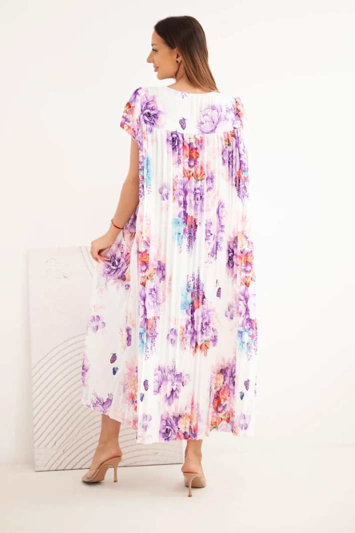 Women's viscose floral dress with short sleeves and pockets purple
