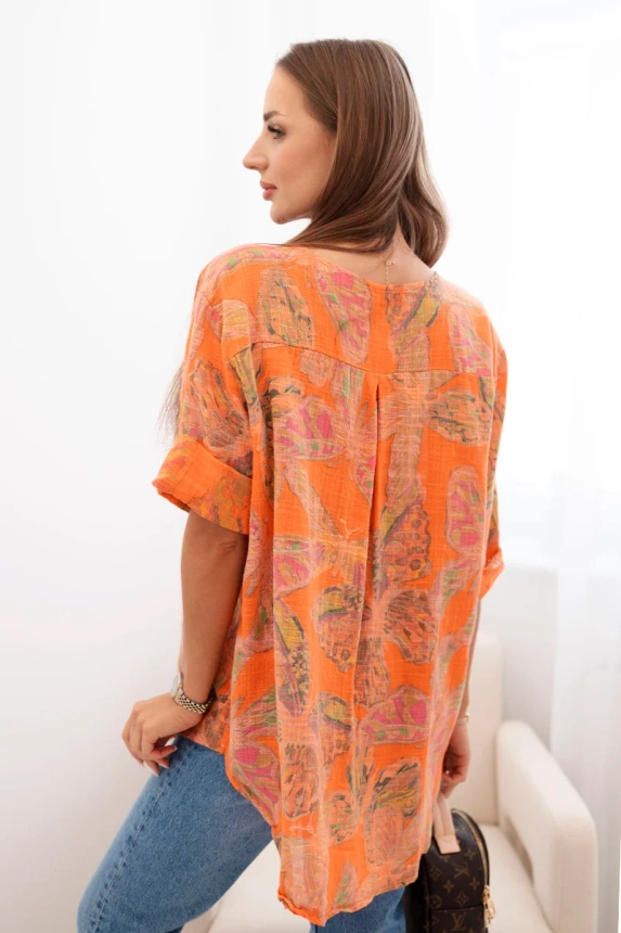Damenbluse aus Baumwolle mit Schmetterlingsmotiv und Knöpfen - orange