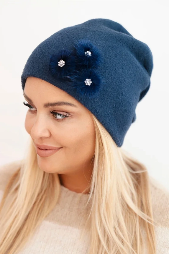 Women's cap with decorative fur flowers elegant navy