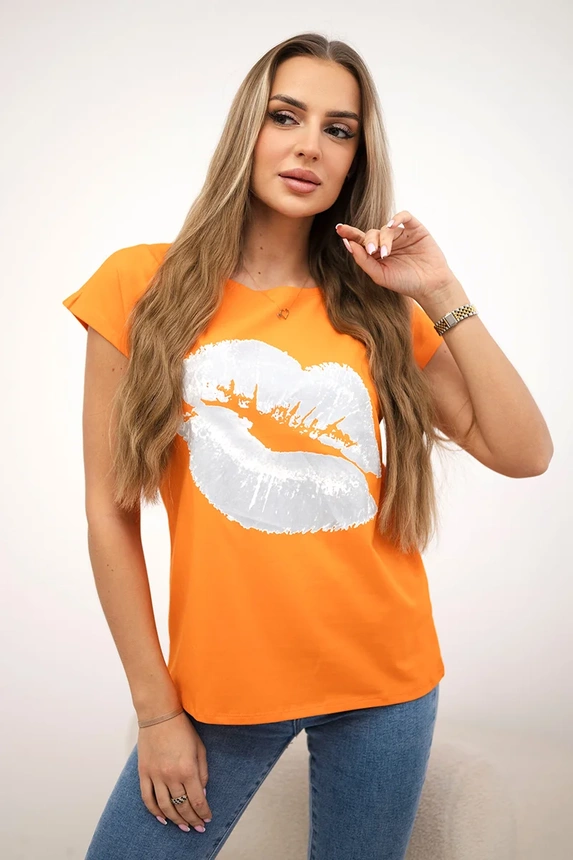 Blouse with lips print orange