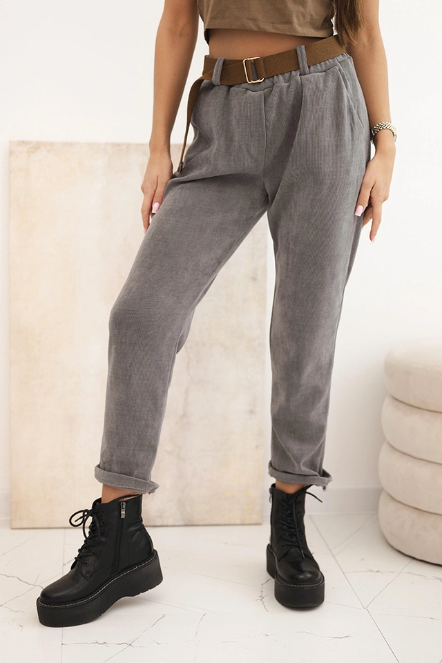 Spodnie damskie z paskiem sztruksowe ciemno szare