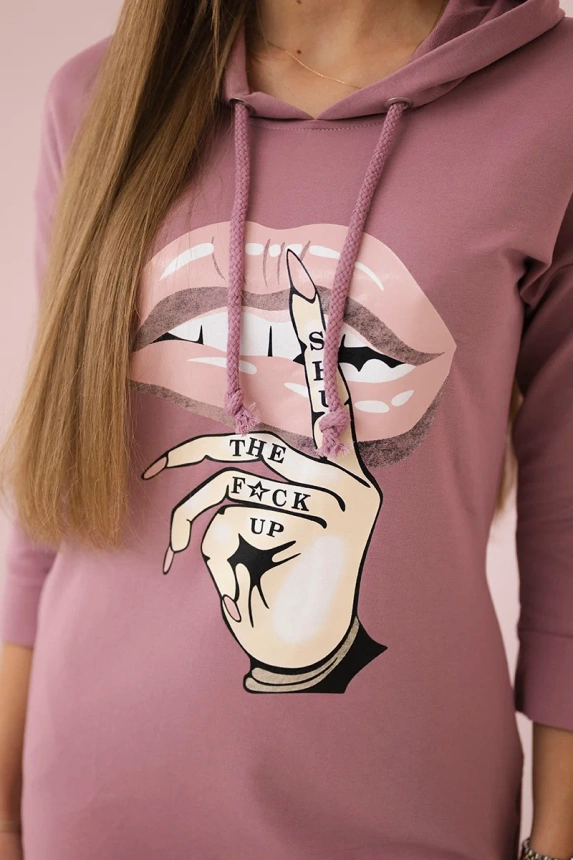 Dress with longer back and colorful print dark pink