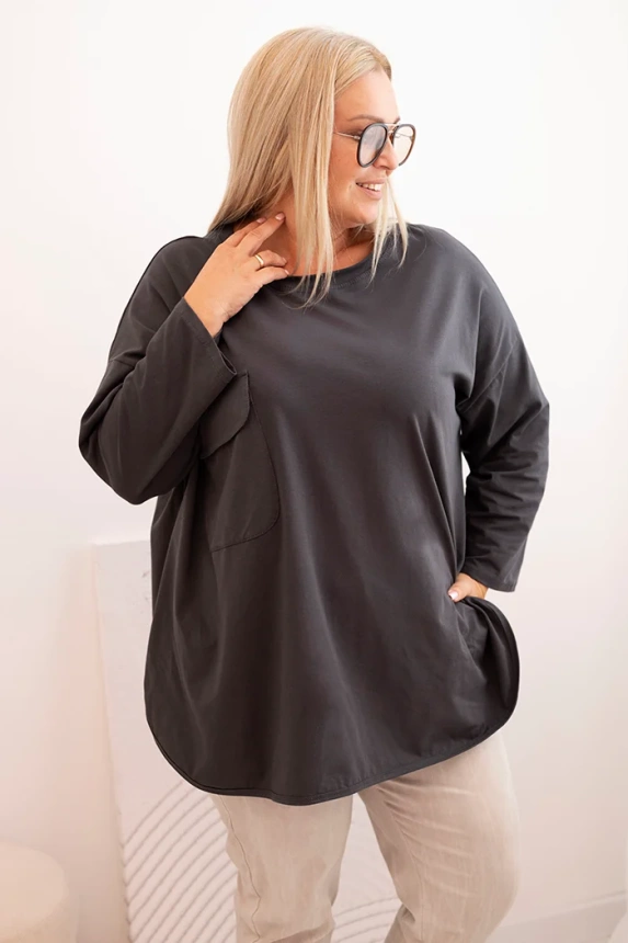 Bluzka damska Plus Size z bawełną z kieszenią i rękawem podwijanym grafitowa