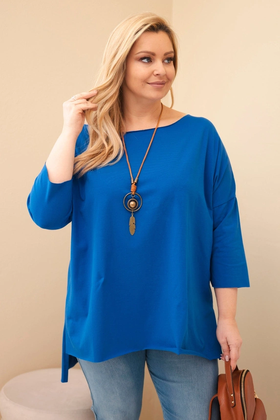 Dámská bavlněná blůza Plus Size asymetrická s náhrdelníkem chabrová