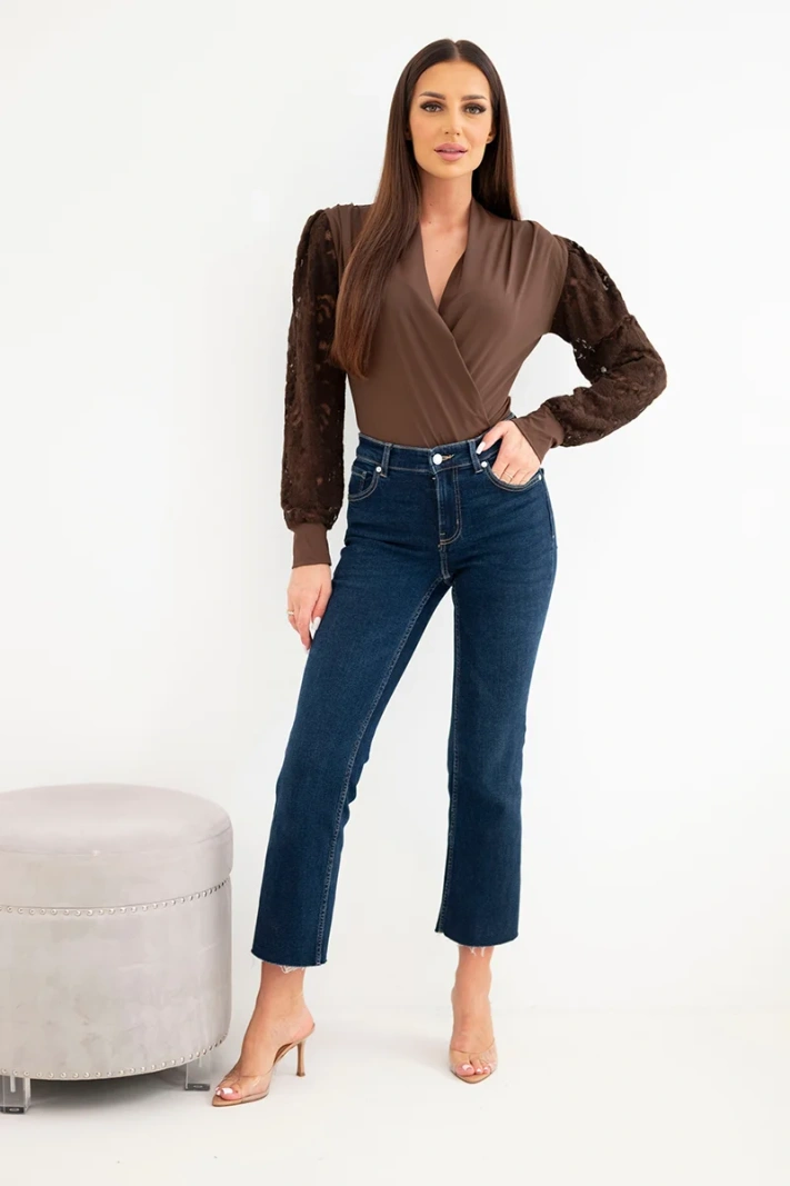 Women's wrap bodysuit blouse with lace sleeves brown