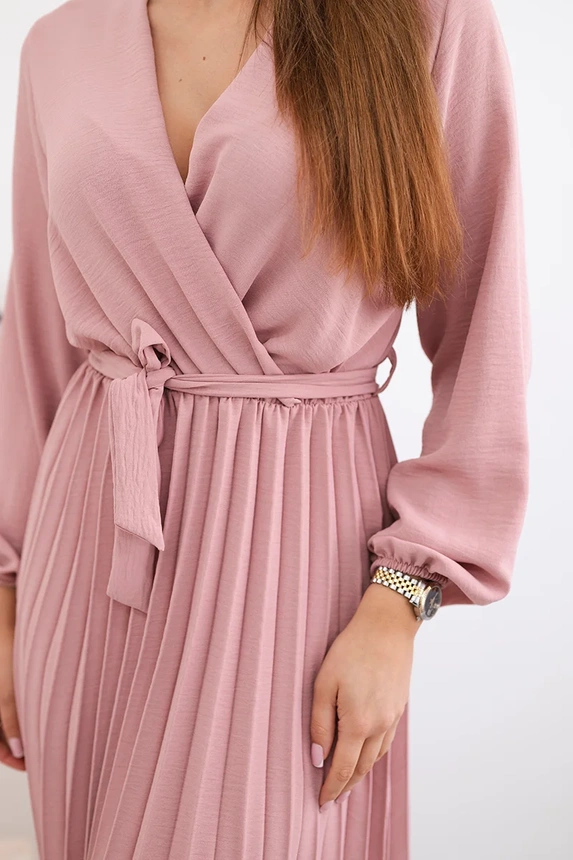 Kleid mit plissiertem Saum gebunden dunkelrosa