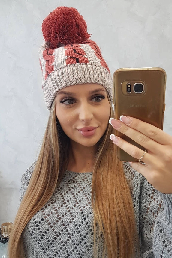Dámska čiapka s pomponom Rozalia K323 červená+béžová