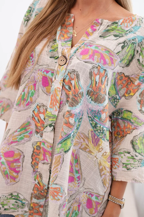 Women's cotton blouse with a butterfly pattern and buttons beige