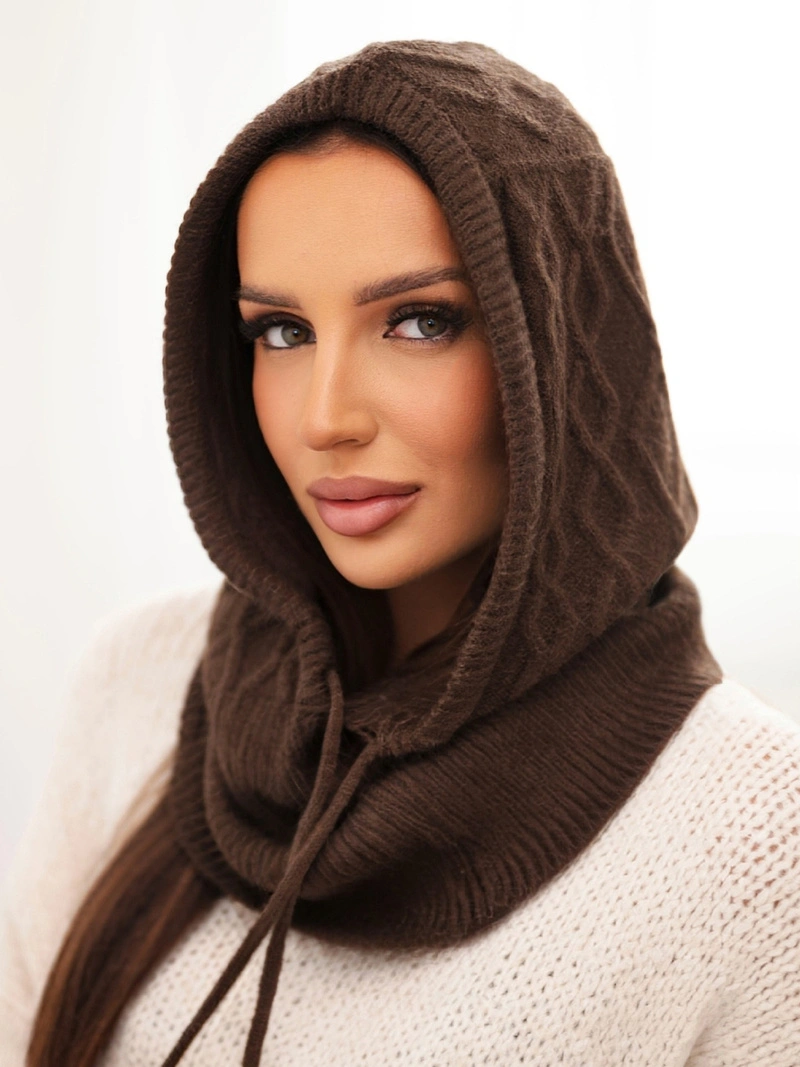 Women's hat viscose hood with cable knit brown