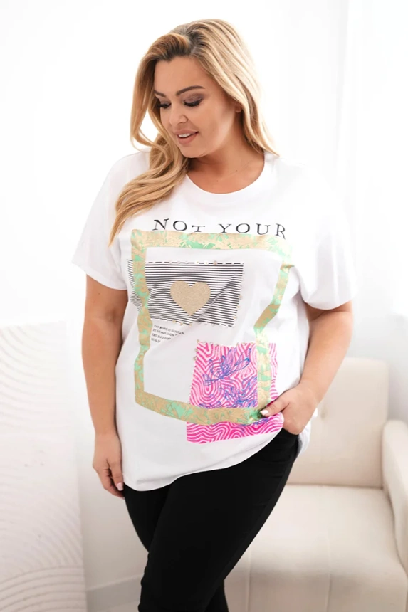 Women's cotton Plus Size blouse with gold print white + green