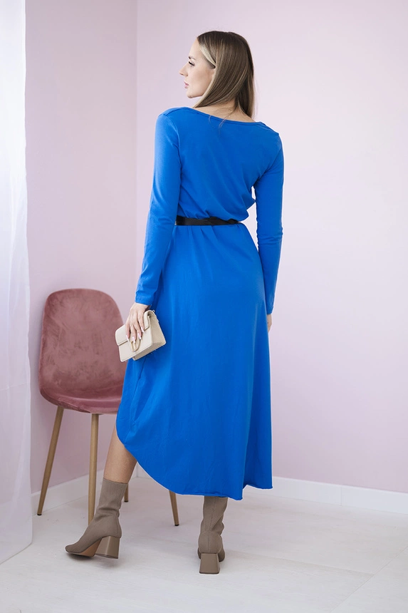 Dress with a decorative belt and an inscription mauve-blue
