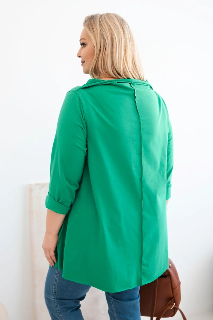 Dámska bavlnená blúzka Plus Size asymetrická s vyhrnutým rukávom zelená