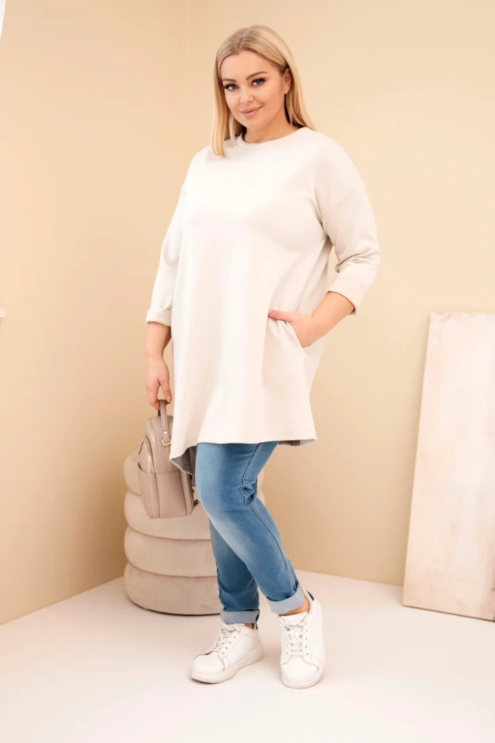 Damen Kleid Plus Size aus Viskose mit lockerer Passform und langen Ärmeln beige