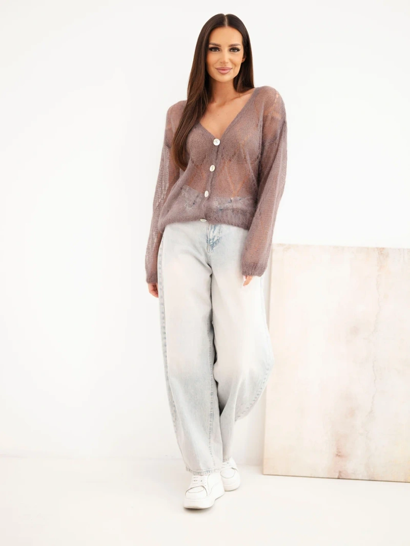 Women's sweater made of 80% mohair openwork fastened with buttons fango color