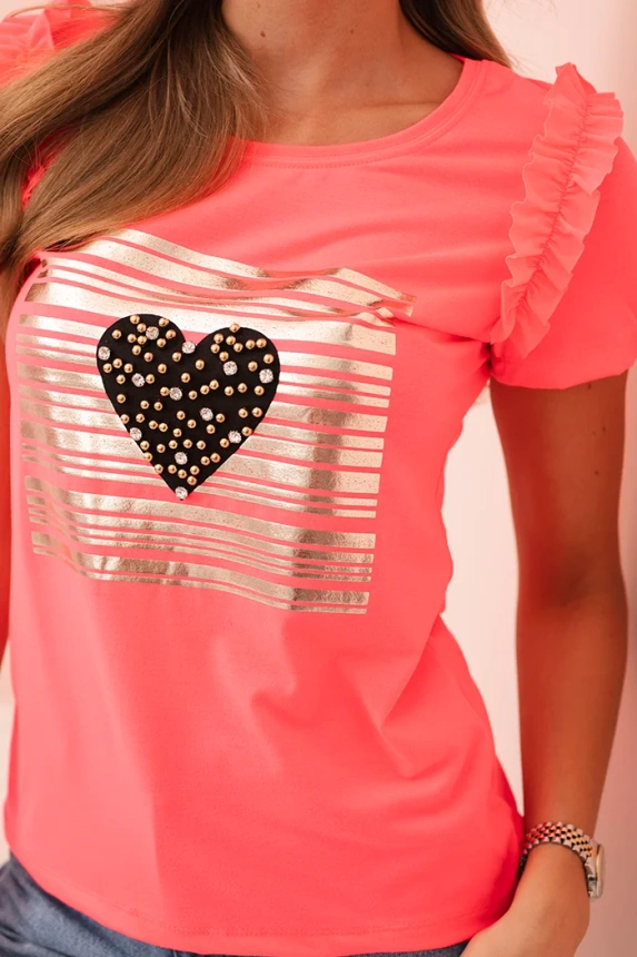 Women's cotton blouse with ruffles and a heart of rhinestones neon pink