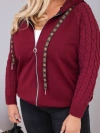Dámská bavlněná mikina Plus Size s pletenými rukávy a kapucí bordó červená