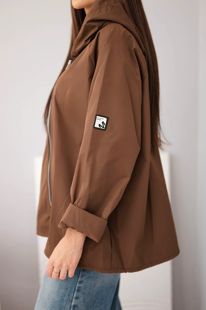 Women's spring jacket with hood and drawstring brown