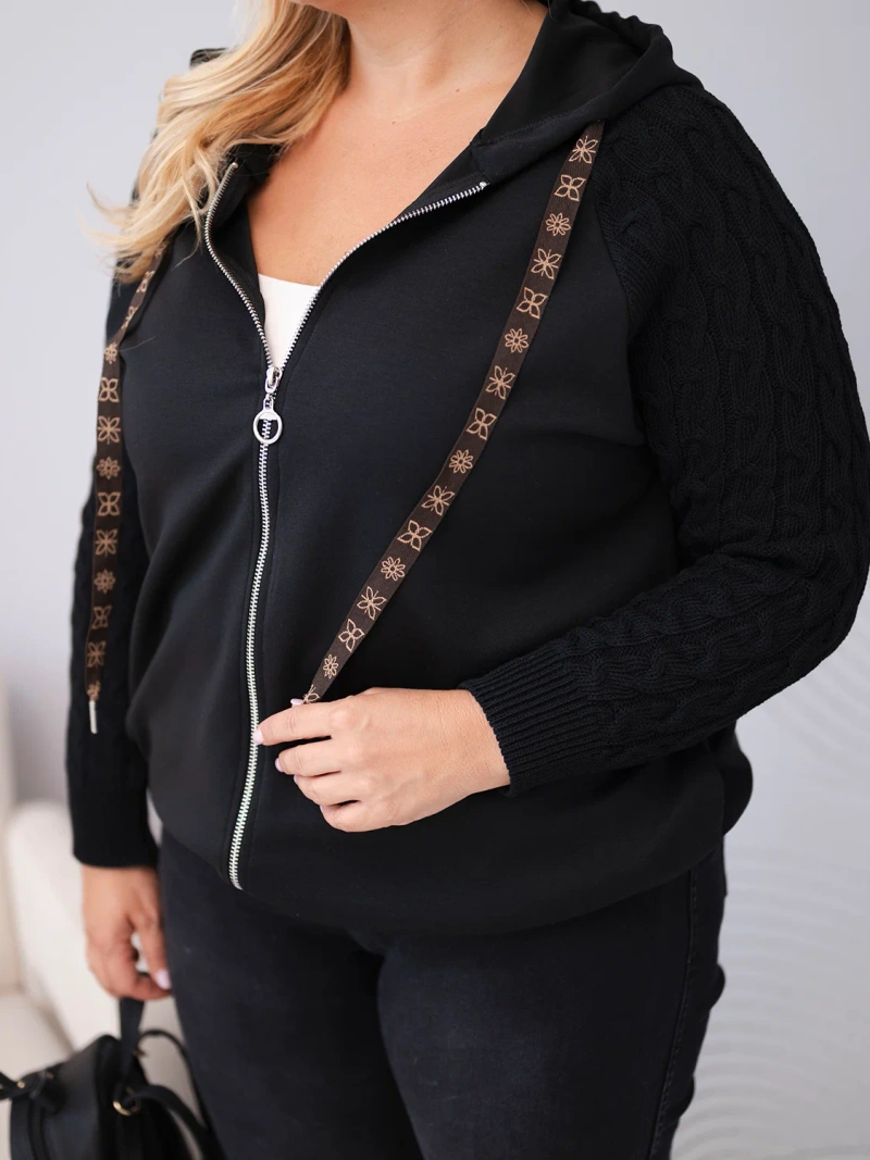 Women's Plus Size cotton sweatshirt with knitted sleeves and hood black