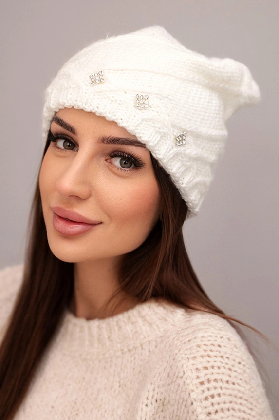 Women's winter wool hat with decorative rhinestones and woven pattern K396 white