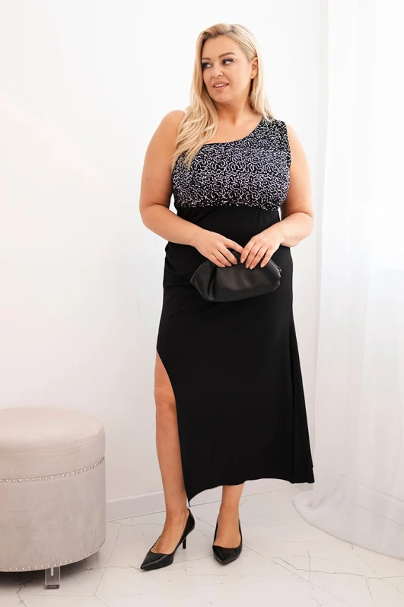 Sukienka damska Plus Size wieczorowa na jedno ramię czarny + srebrny