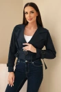 Damen Viskosejacke kurz zweireihig mit Gürtel und Klappen blau