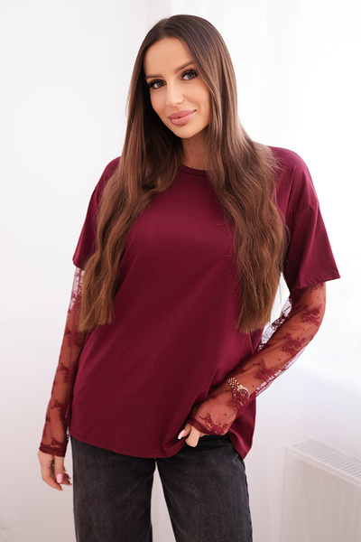 Women's cotton blouse with lace sleeves maroon