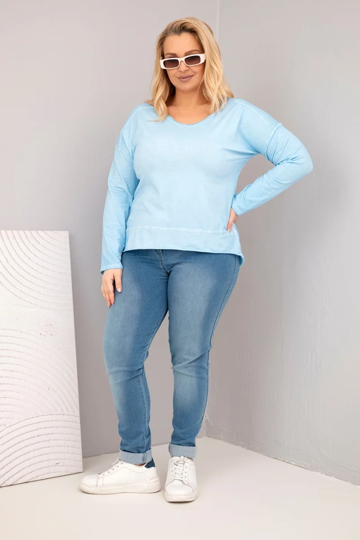 Plus Size women's blouse with a V-neck and longer back blue