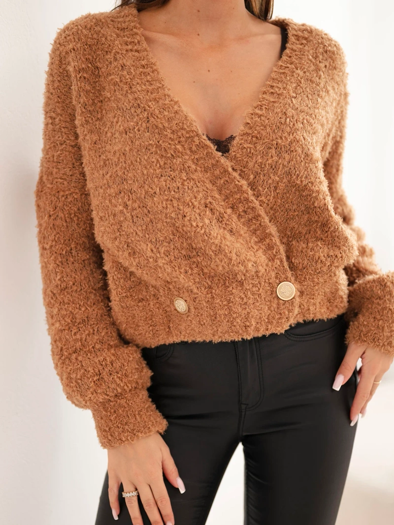 Women's mohair wrap sweater with decorative buttons camel