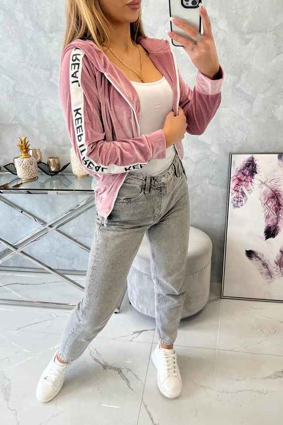 Bluza welurowa z kapturem pudrowy róż