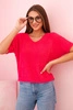 Women's sweater made of soft fluff with a V-neck short sleeves fuchsia