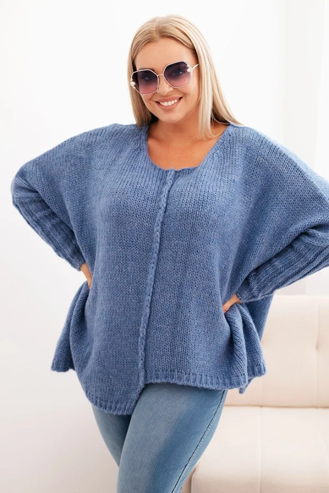 Sweter damska Plus Size z akrylem o luźnym kroju i rękawem 3/4 jeansowy