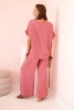 Women's viscose set with decorative flower and wide trousers - dark pink