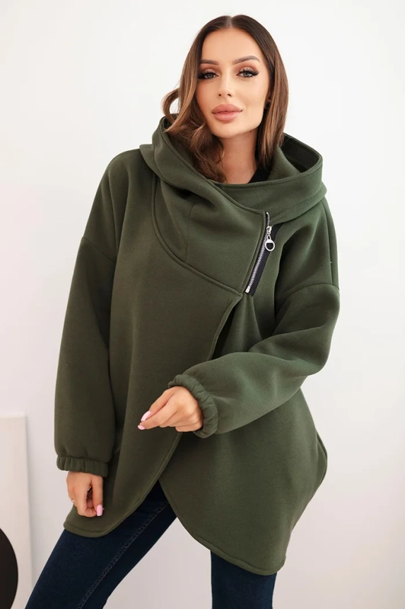 Damenpullover mit Kapuze und asymmetrischem Reißverschluss khaki