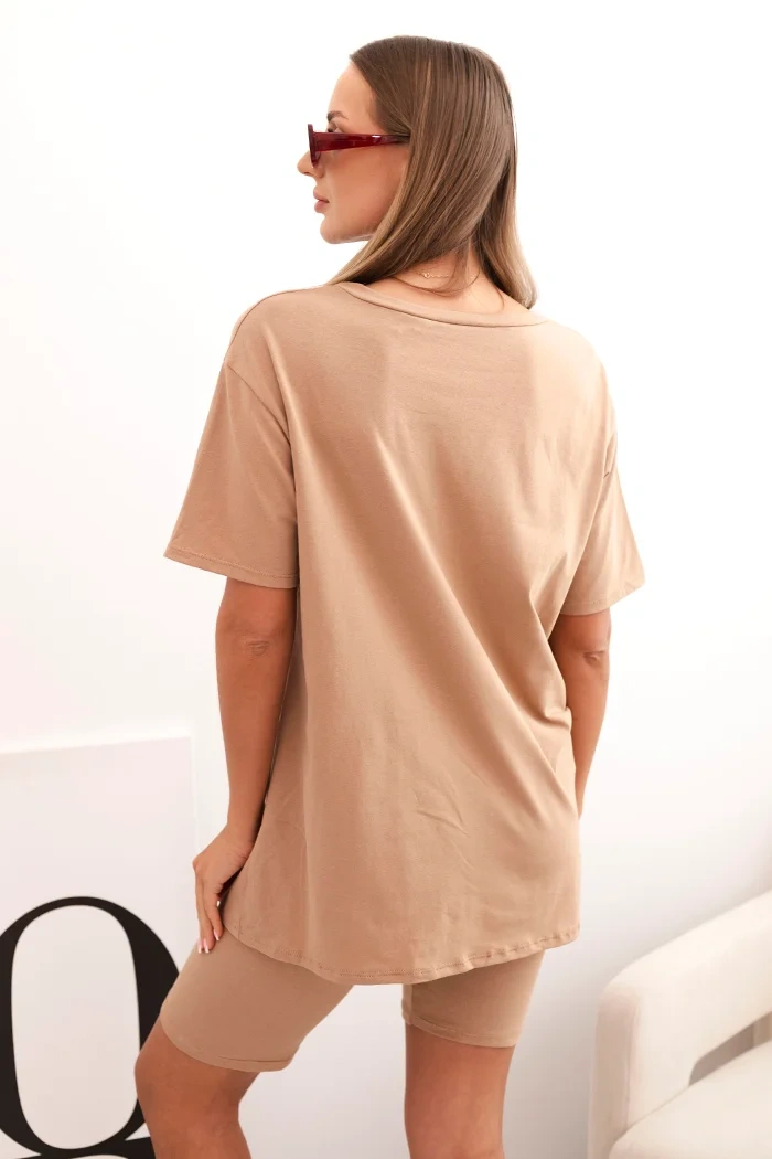 Damen-Set aus Baumwolle mit kurzen Ärmeln und Shorts Kamel