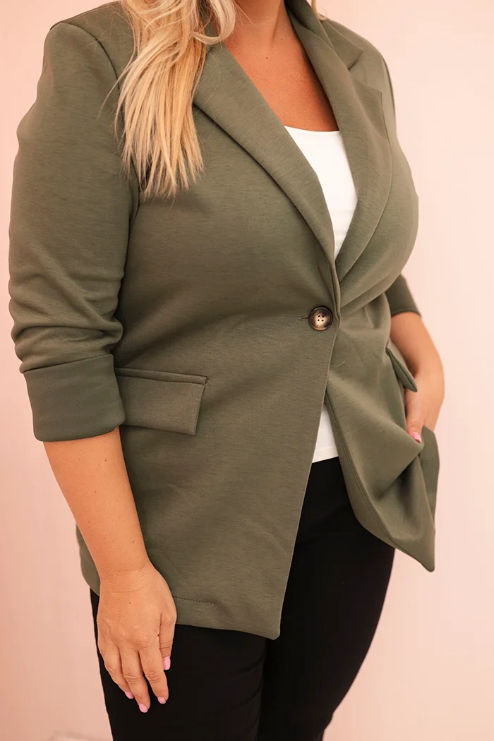 Damenjacke aus Viskose Plus Size mit langen Ärmeln und Kragen khaki